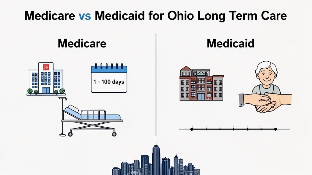 Infographic comparing Medicare for short-term hospital care (1-100 days) and Medicaid for long-term senior care in Ohio.