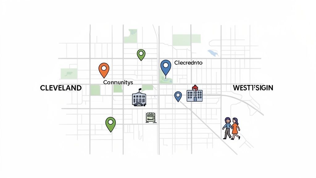 A simplified map of Cleveland and surrounding communities, showing various locations, buildings, and people.