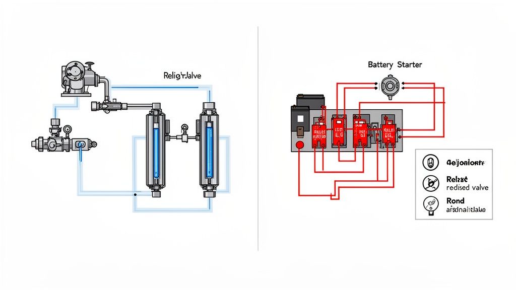 Two technical diagrams: a blue-piped fluid system on the left and a red-wired electrical circuit on the right.