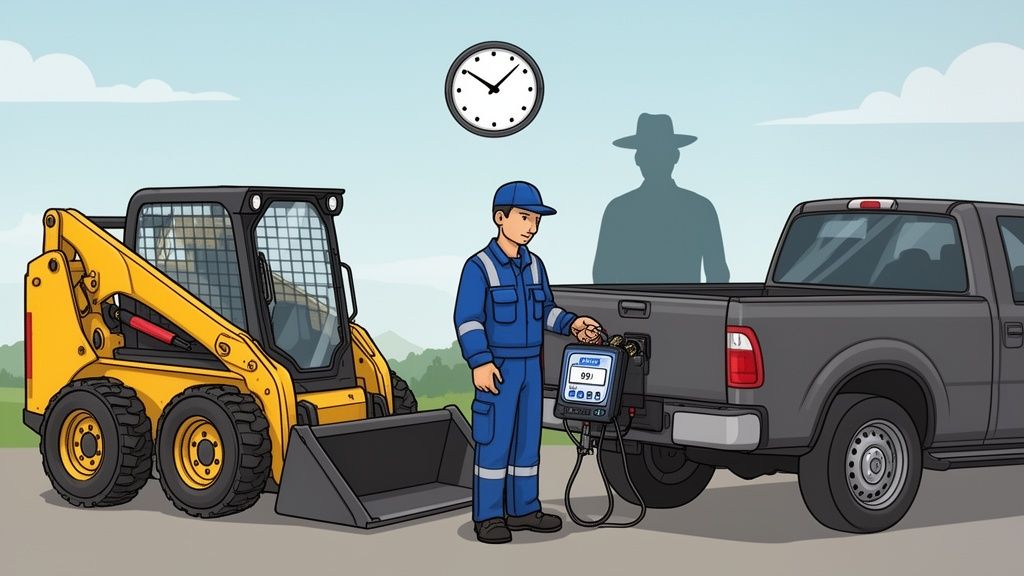 A worker in blue uniform fuels a pickup truck with a portable dispenser next to a yellow skid-steer loader.