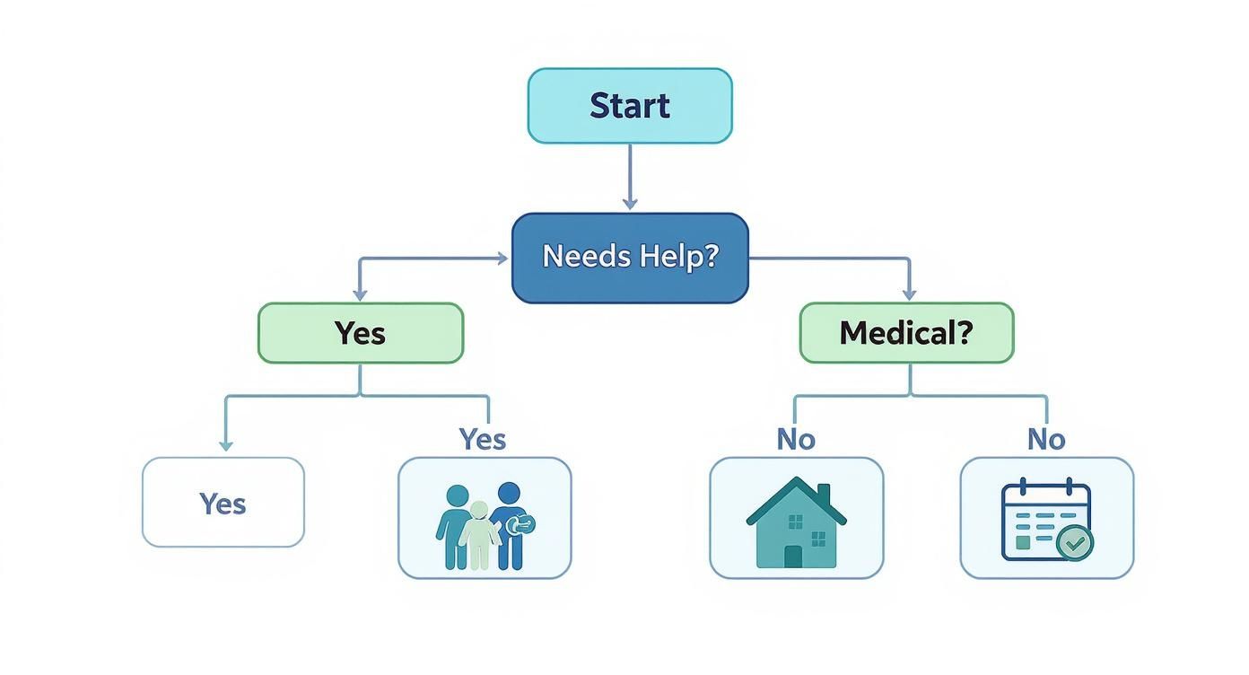 Flowchart diagram showing decision tree for senior housing and care needs assessment process