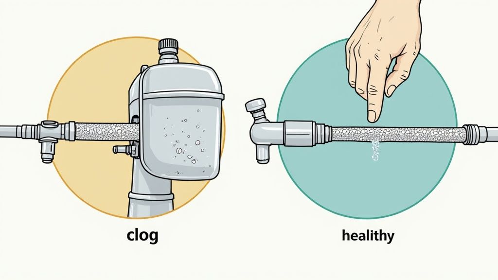 Illustration comparing a clogged pipe system with a blocked container on the left, and a healthy pipe with water dripping on the right.