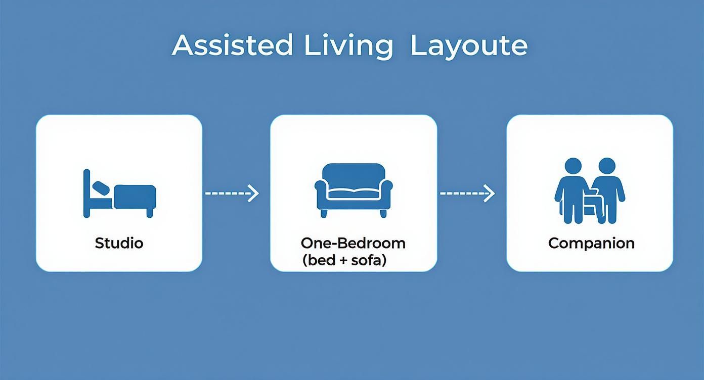 Flowchart showing three assisted living layout options: Studio, One-Bedroom with bed and sofa, and Companion.