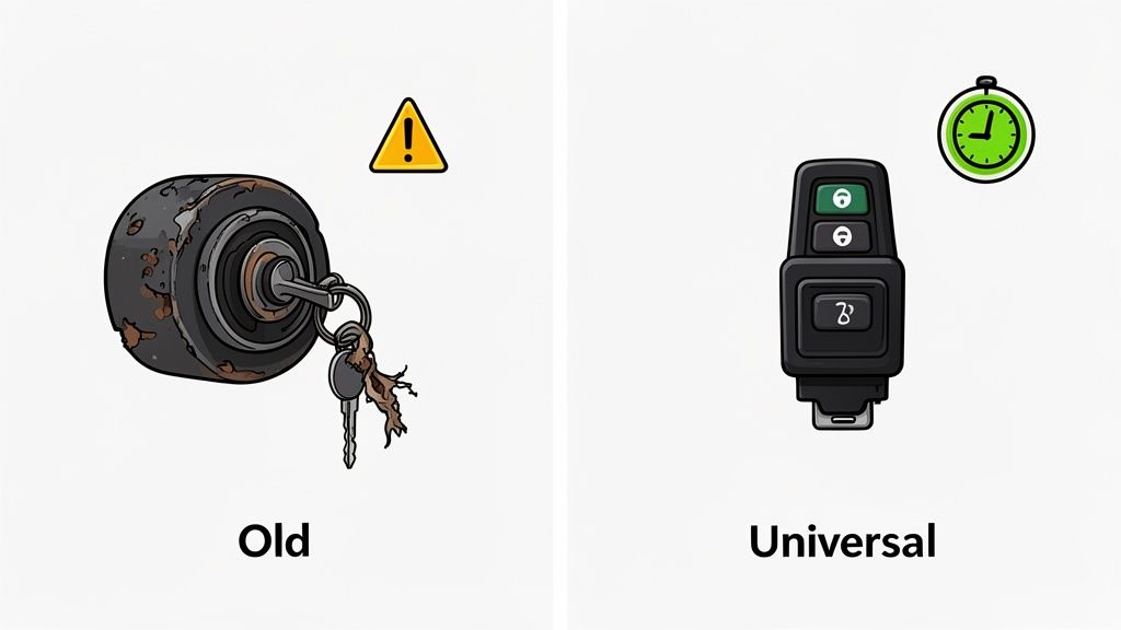 An old, rusty ignition switch with traditional keys and a warning, contrasted with a sleek universal car key fob with a timer.