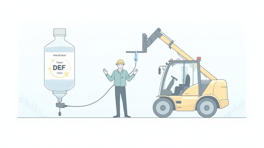 A worker refills a yellow JCB telehandler with DEF fluid from a large container.