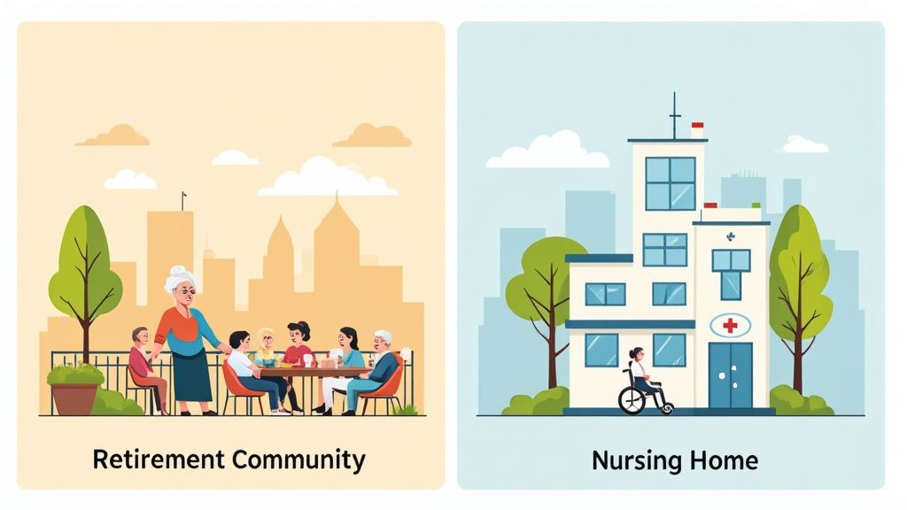 A senior woman and her caregiver smiling together in a bright, comfortable room.