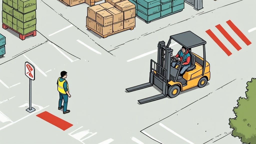 A forklift with a driver on a paved area approaches a pedestrian wearing a safety vest near a warning sign.