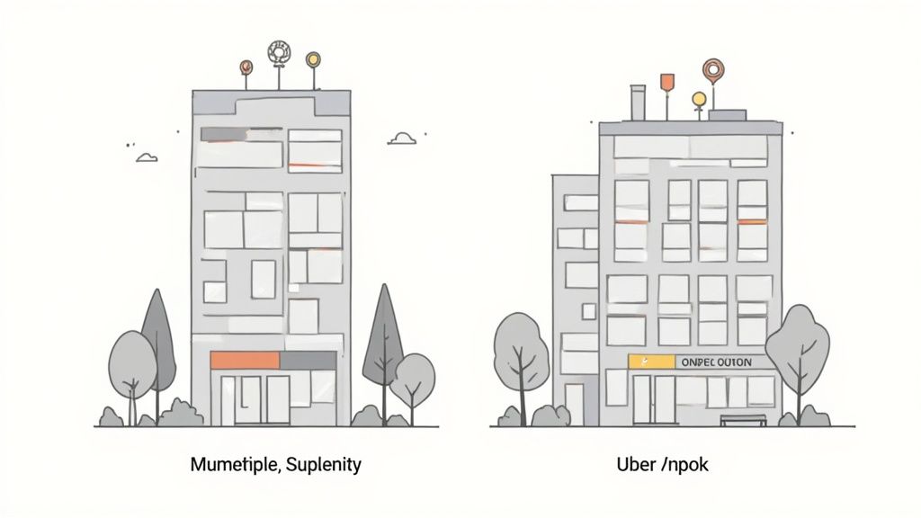 Two cartoon-style office buildings with company names below them: Mumetiples, Suplenity and Uber /npok.