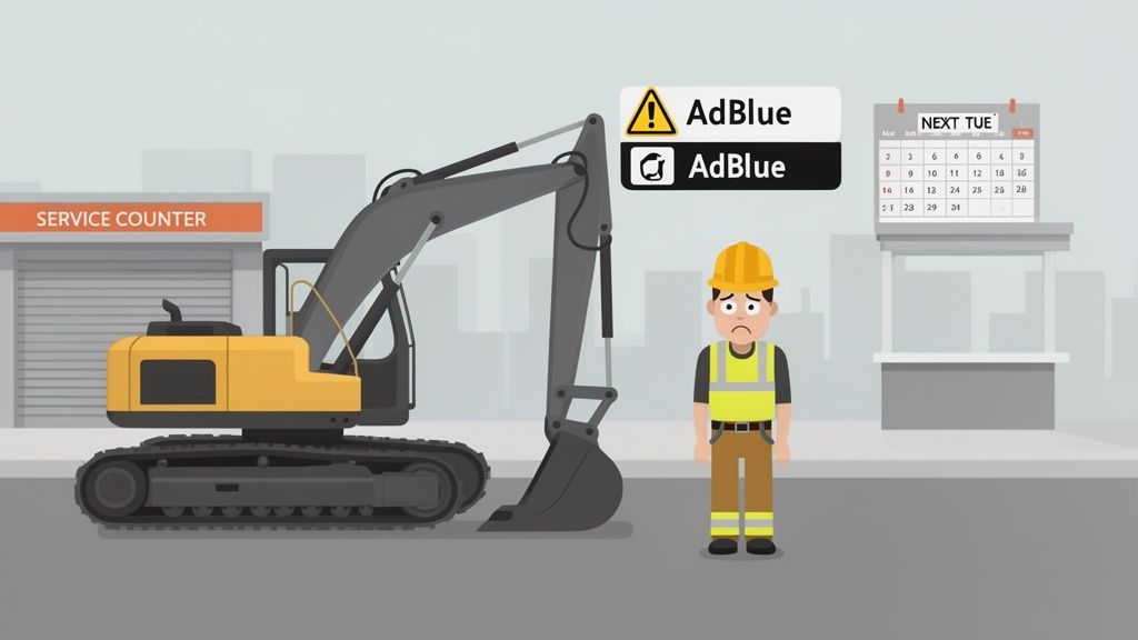 An excavator, a worried construction worker, and AdBlue warnings next to a service counter and calendar.