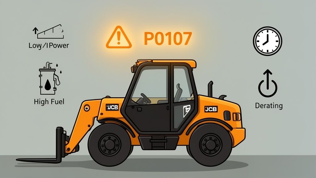 A cartoon JCB forklift displaying a P0107 warning code with symbols for low power, high fuel, and derating.