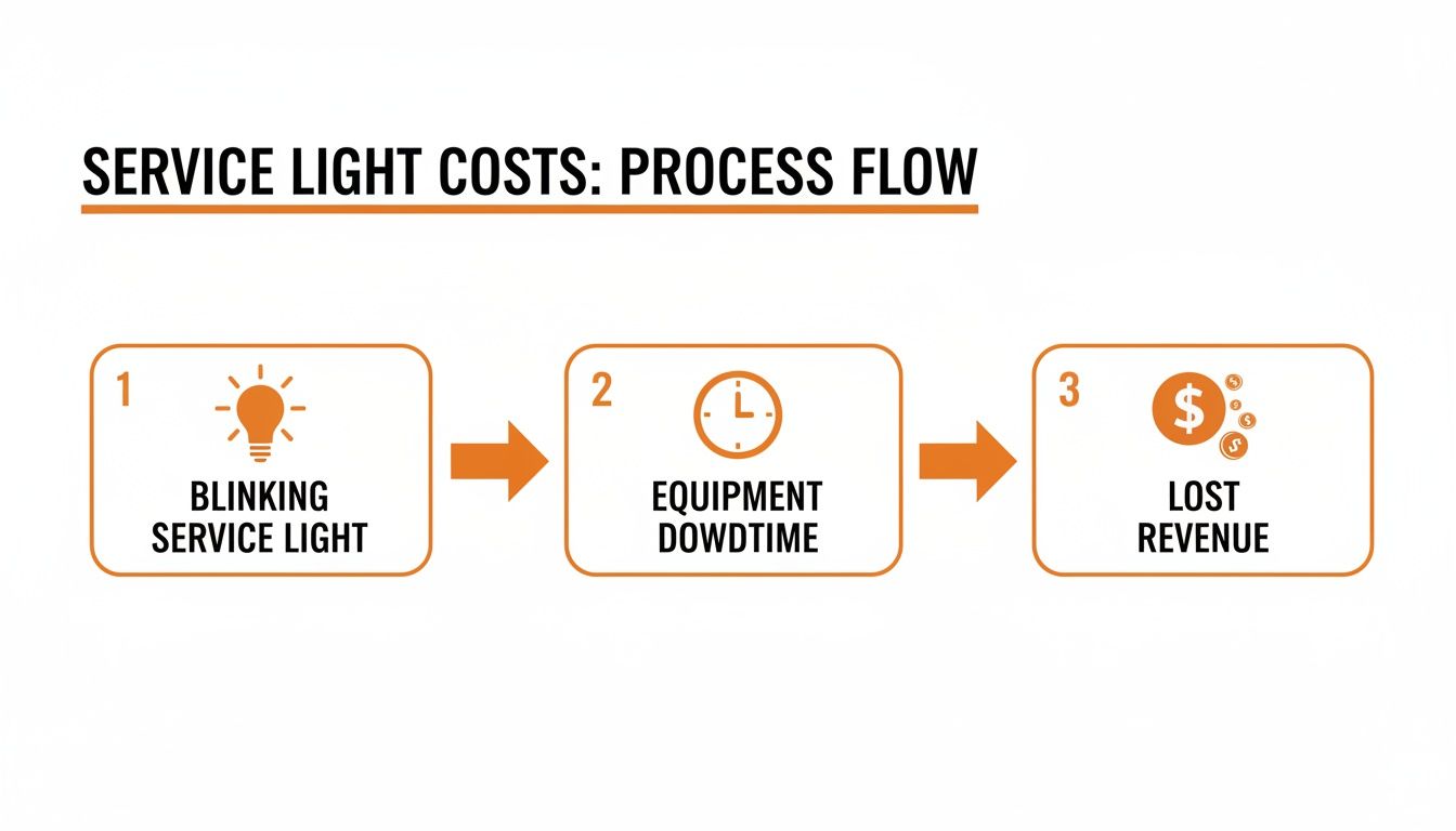 Infographic illustrating the process flow of service light costs, leading from a blinking light to lost revenue.