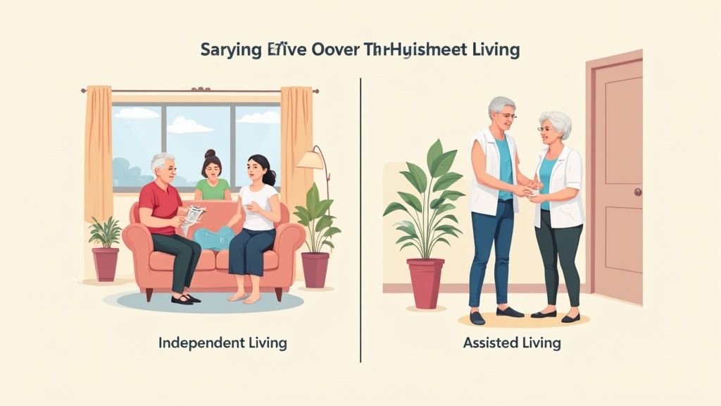 An image comparing independent living and assisted living for seniors, showing distinct daily life scenarios.
