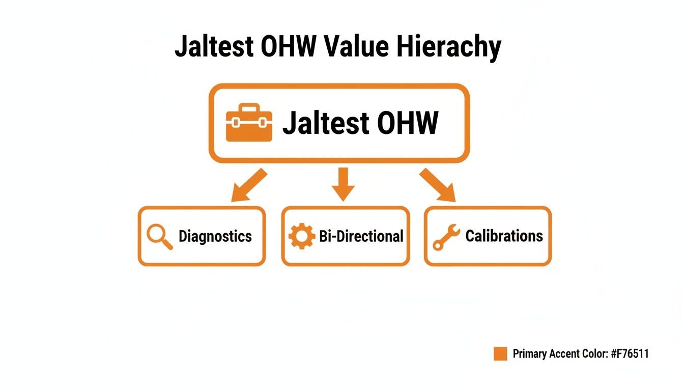 A hierarchical diagram illustrating Jaltest OHW's core values: Diagnostics, Bi-Directional functions, and Calibrations.