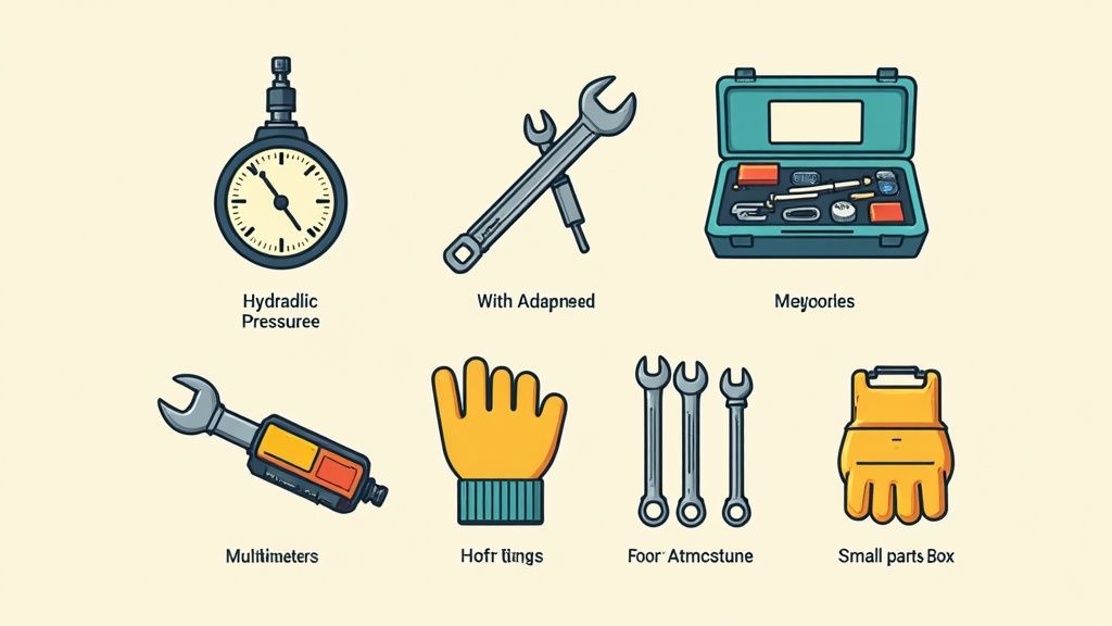 A grid of seven illustrations depicting various tools like wrenches, a pressure gauge, and work gloves.