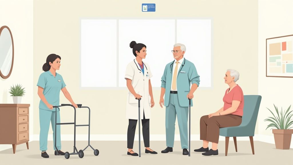 A senior woman receives care from a medical professional.