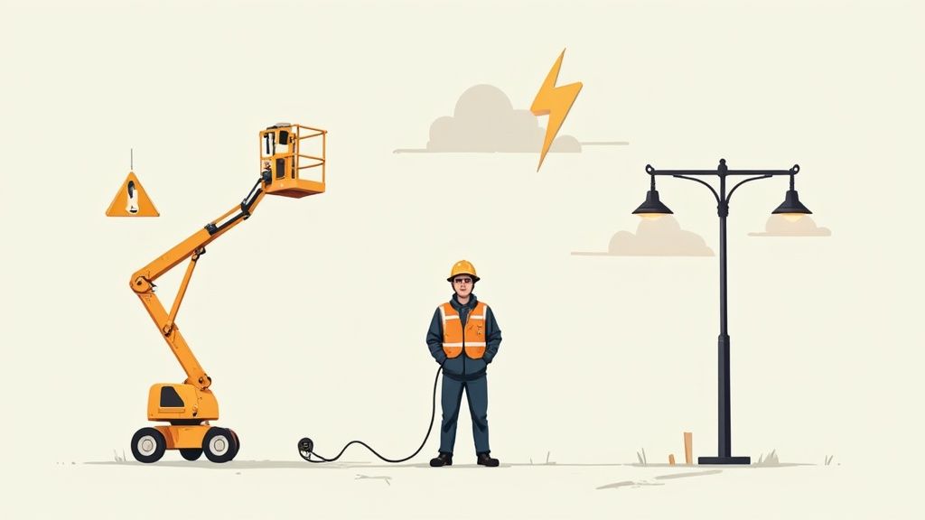 Construction worker with orange aerial lift conducting electrical maintenance work near street lamp