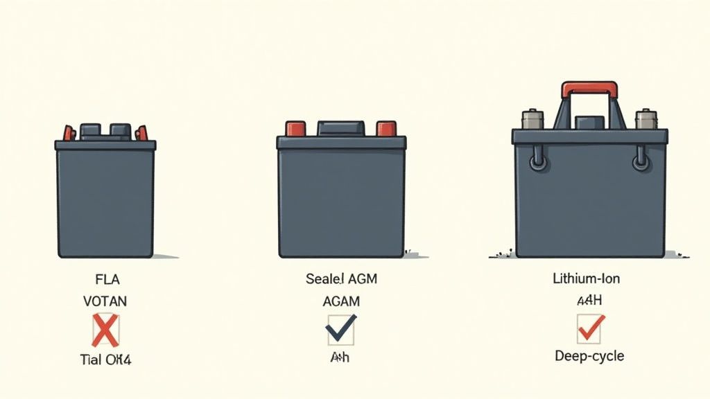 Illustration showing three battery types: FLA, Sealed AGM, and Lithium-ion, with their suitability indicators.