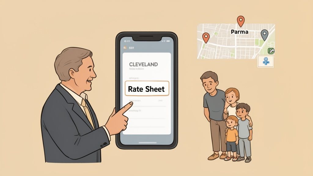 An animated man points at a phone showing a "Rate Sheet" next to a map of Parma and a family.