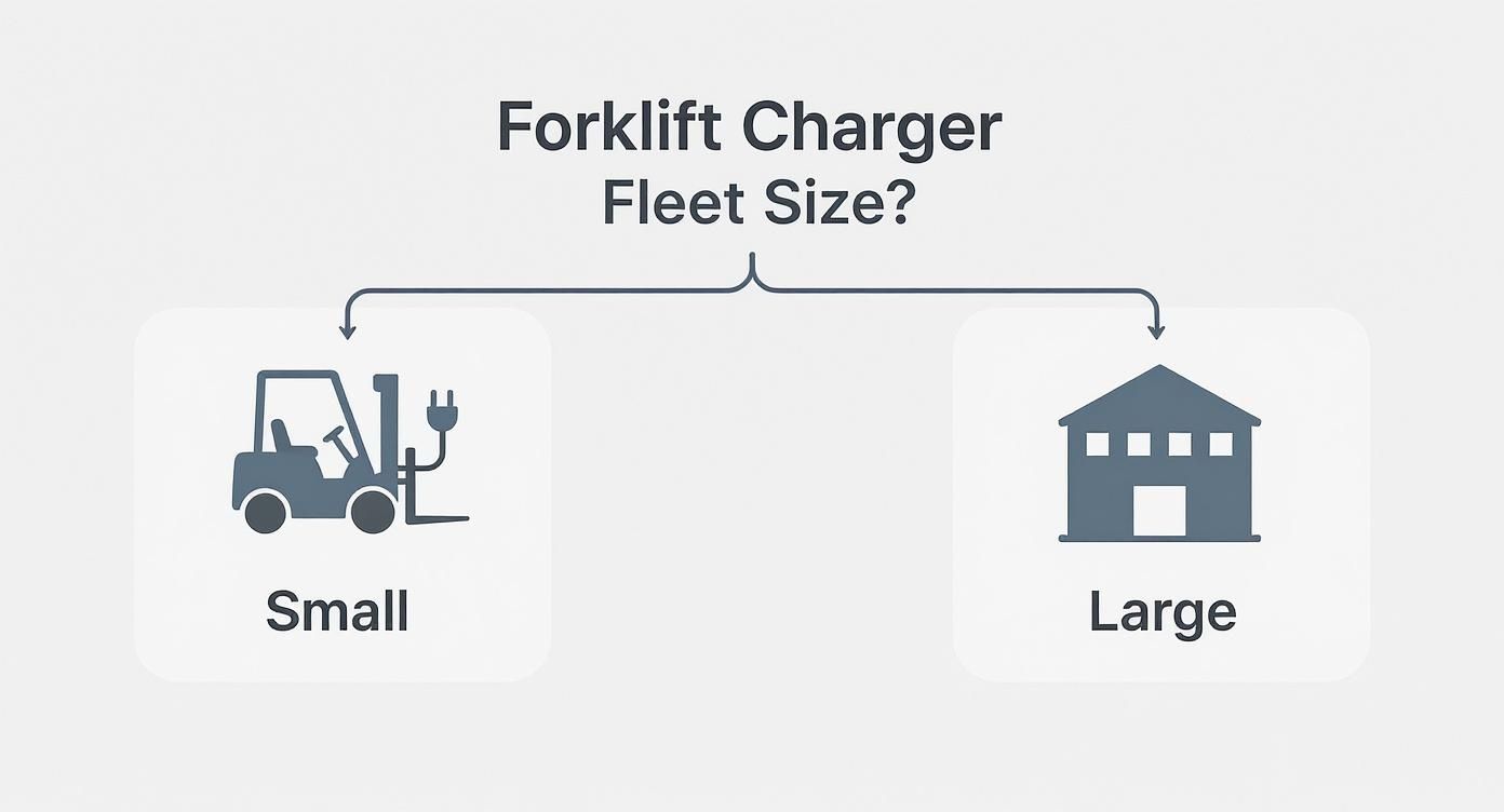 Diagram showing forklift charger fleet size options divided into small and large categories