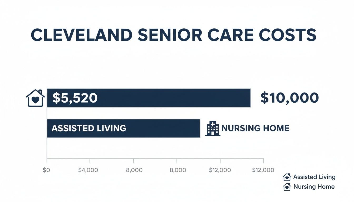 Bar chart comparing Cleveland senior care costs: Assisted Living is $5,520, and Nursing Home is $10,000.