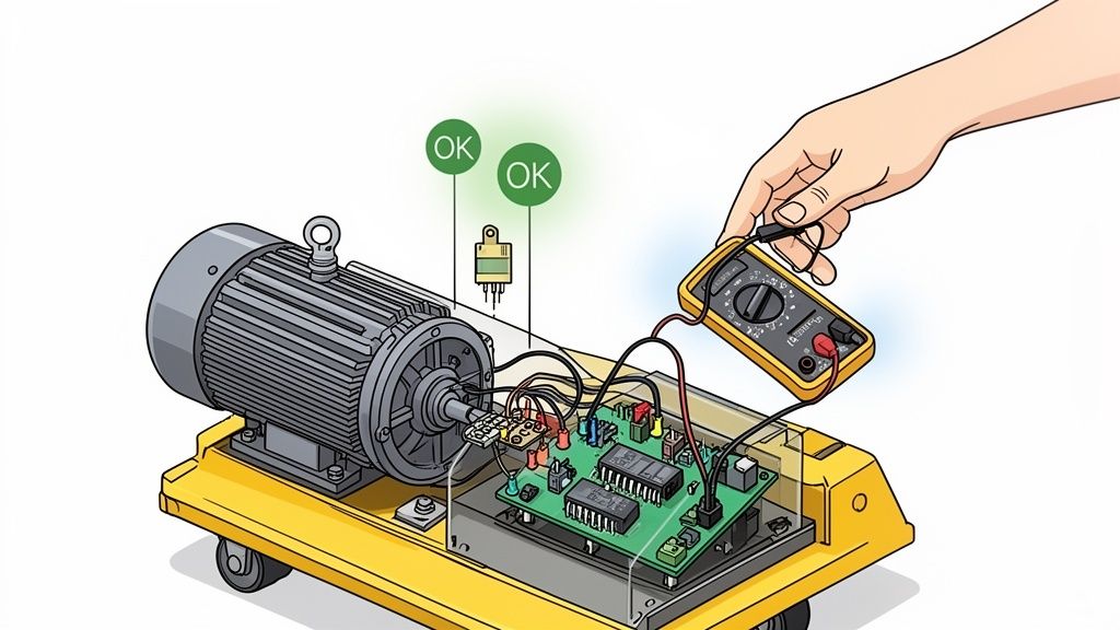 A hand uses a multimeter to test an electric motor's circuit board, with two 'OK' indicators shown.