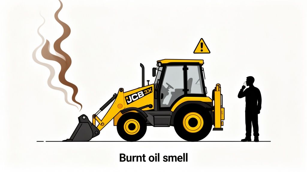 Illustration of a yellow JCB 3CX backhoe loader emitting smoke, a warning sign, and a person smelling a burnt oil odor.