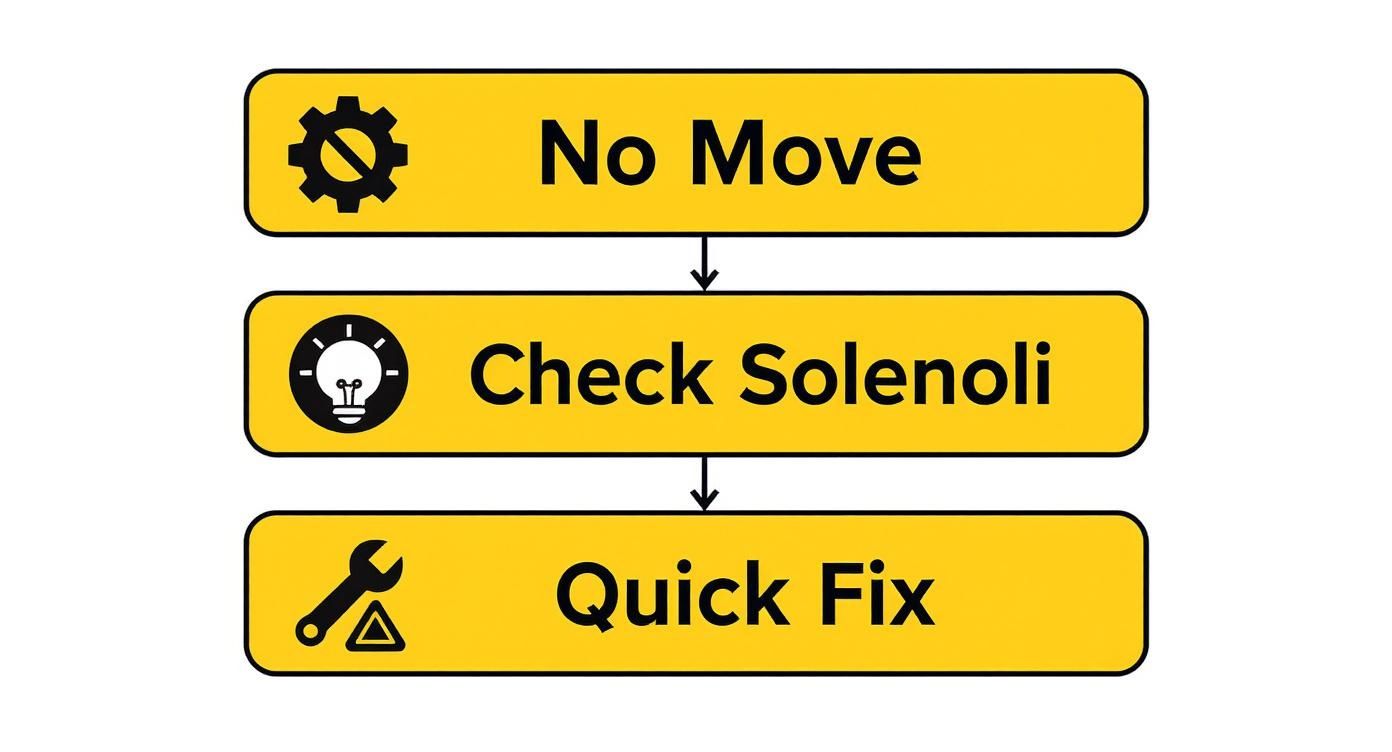 Flowchart showing troubleshooting steps for 'No Move': gear icon 'No Move', lightbulb 'Check Solenoli', wrench 'Quick Fix'.