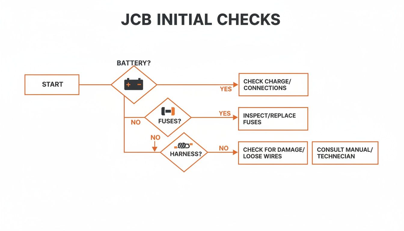 Flowchart detailing JCB initial checks for starting issues, covering battery, fuses, and wiring harness.