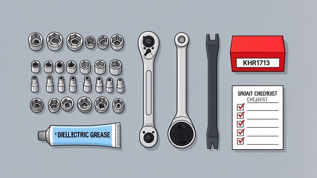 A flat lay of various mechanics' tools including sockets, wrenches, grease, a box, and a checklist.