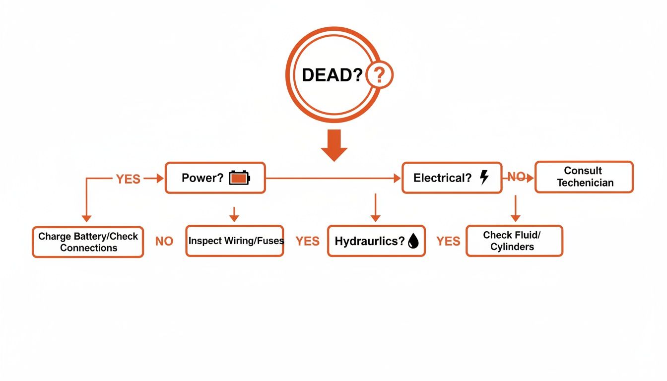 Flowchart detailing the troubleshooting process for a dead machine, covering power, electrical, and hydraulic issues.