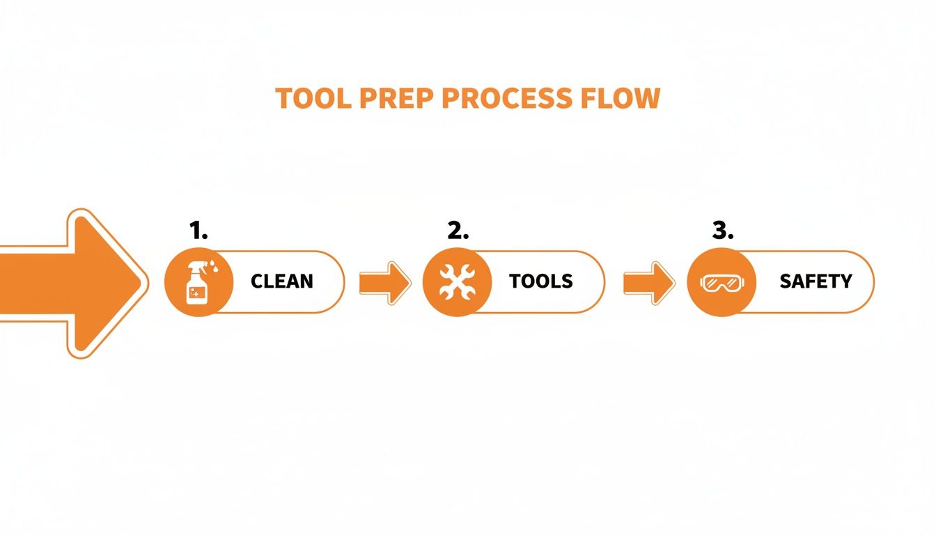 A process flow diagram showing three sequential steps: clean, tools, and safety, for tool preparation.