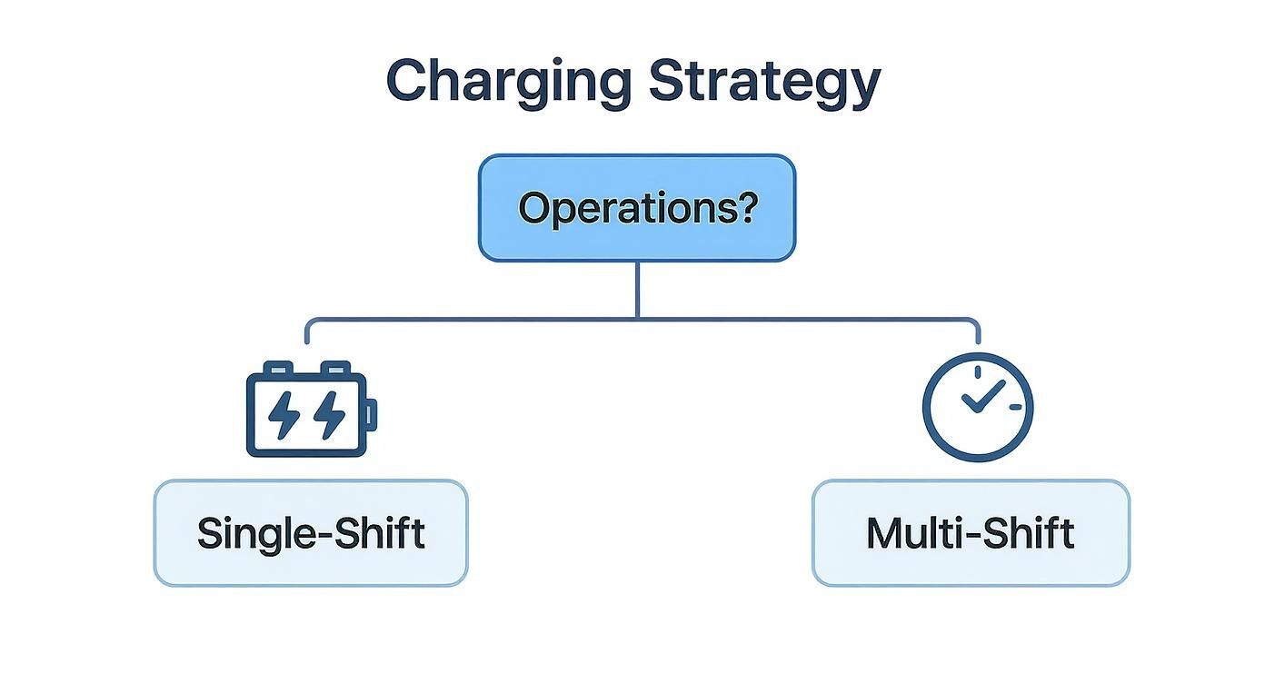 Flowchart illustrating electric forklift charging strategies based on operations, showing single-shift and multi-shift options.