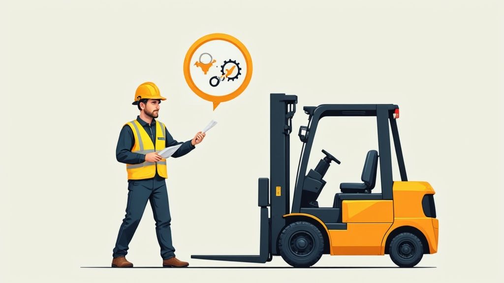 A man in a hard hat and safety vest stands by a forklift, holding papers, with an icon bubble suggesting operations.