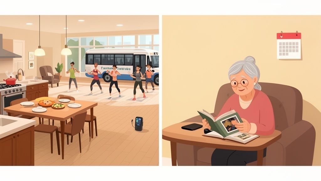 Two scenes: active seniors exercising with a community bus, and a peaceful senior reading a photo album.