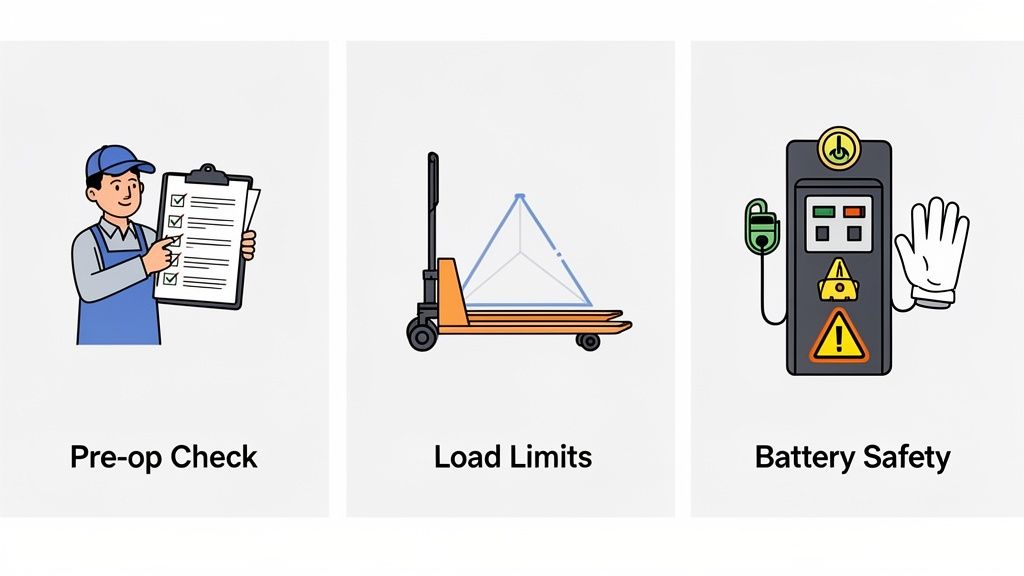 Safety illustrations for pallet jack operation, covering pre-operation checks, load limits, and battery safety.