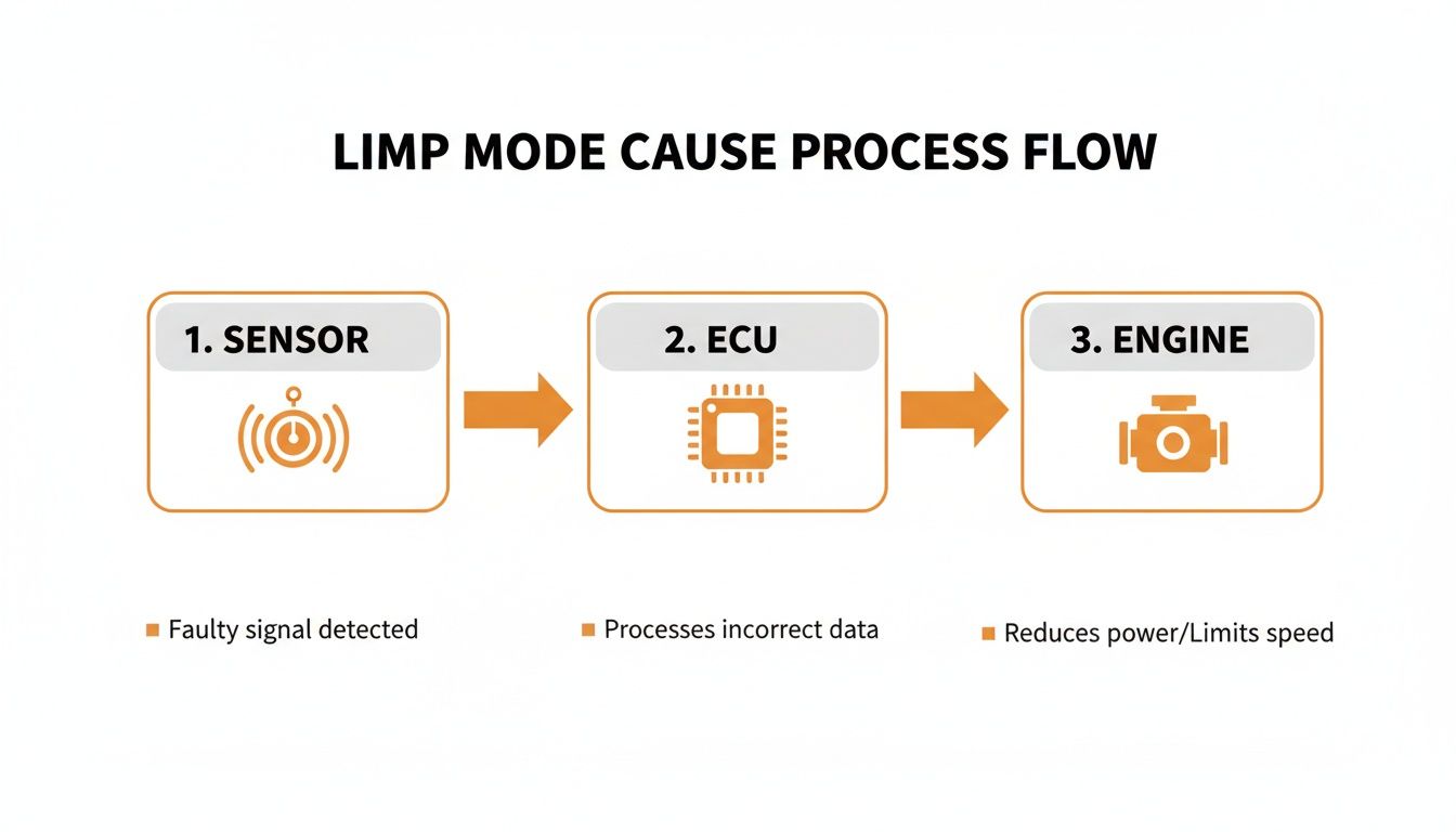 Flowchart illustrating the limp mode cause process: sensor detects faulty signal, ECU processes incorrect data, leading to reduced engine power.