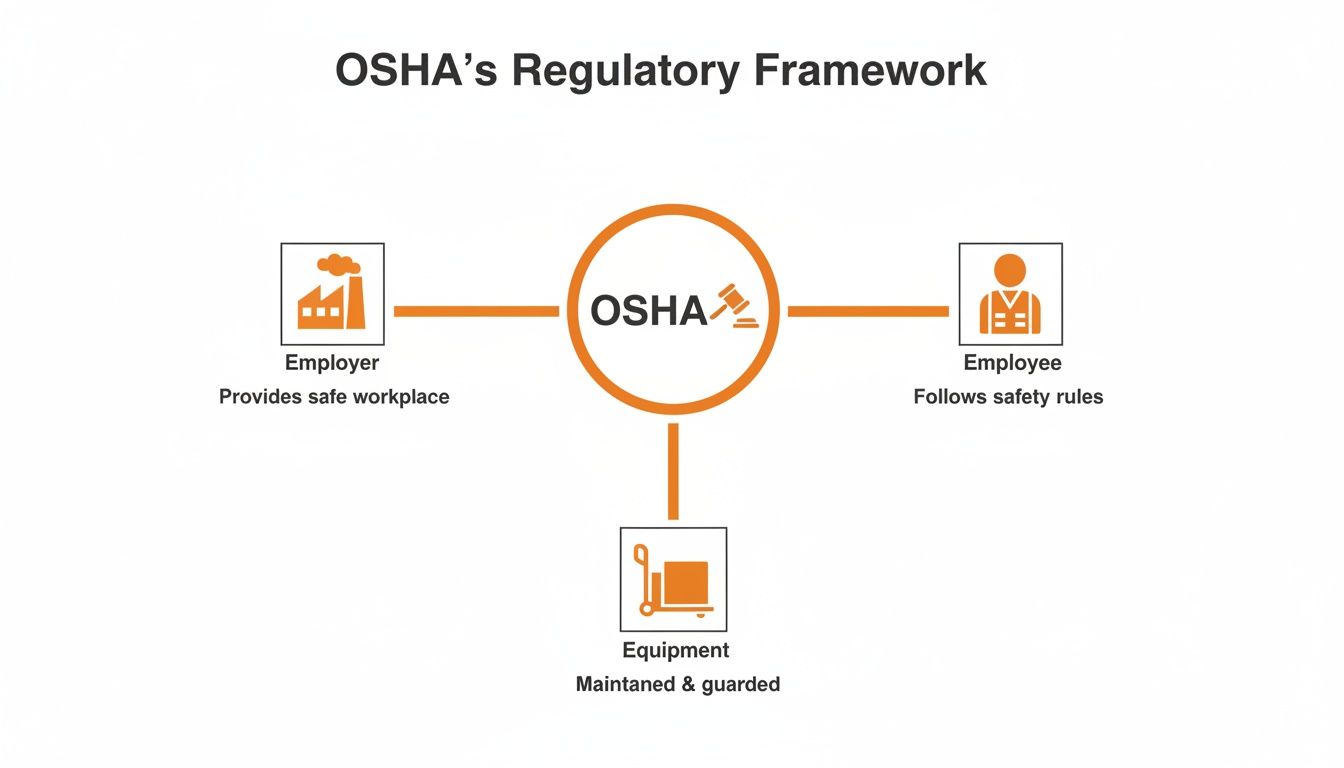 OSHA's regulatory framework outlining responsibilities for employers, employees, and equipment in workplace safety.