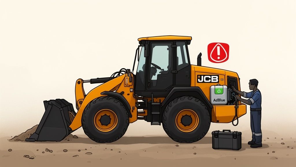 A man refills AdBlue into a yellow JCB loader, with a warning icon visible.