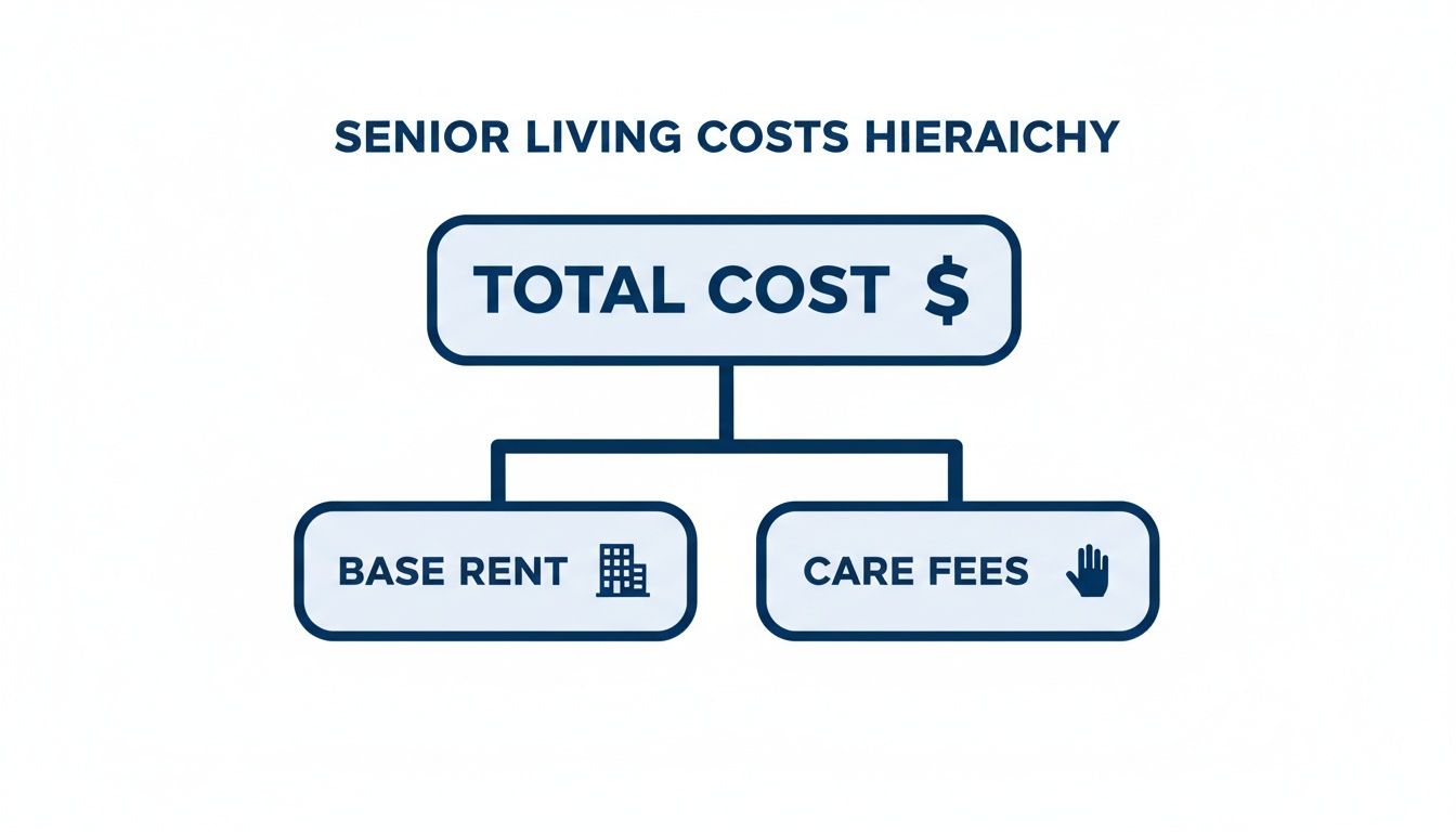 Senior living costs hierarchy diagram showing total cost, broken down into base rent and care fees.