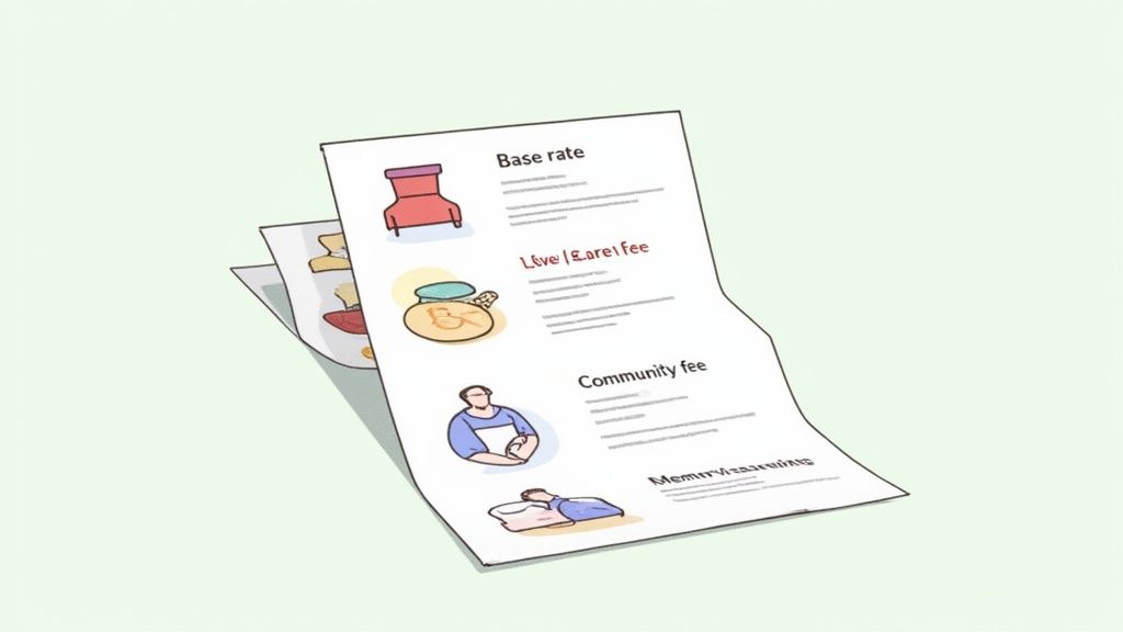 Assisted living pricing documents showing base rate, care fee, community fee, and monthly insurance costs