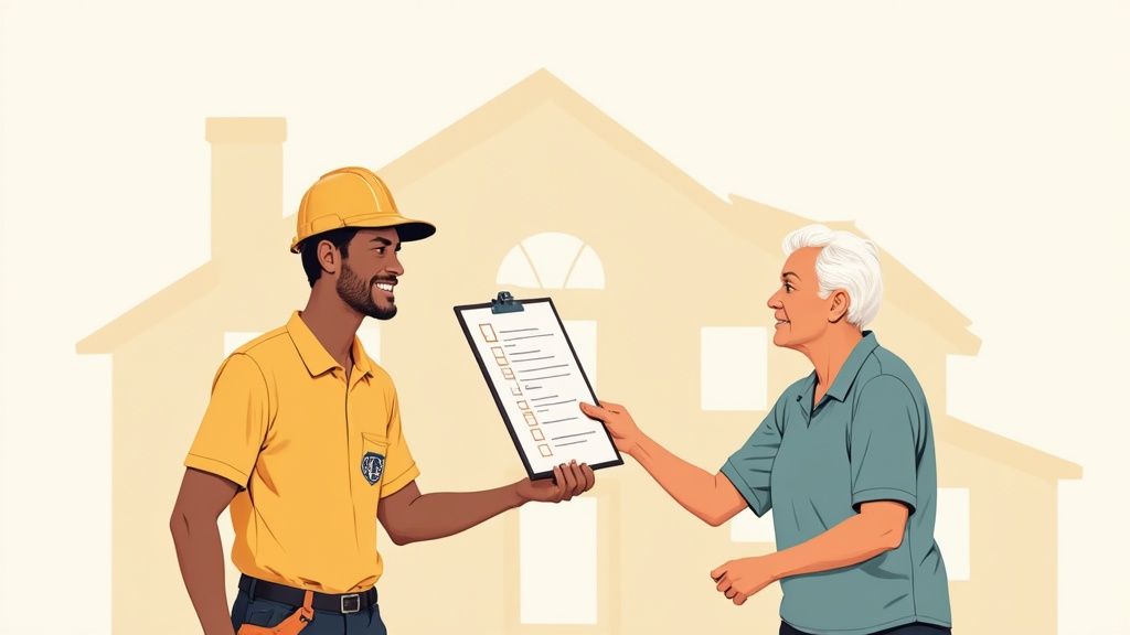 A smiling service worker in a hard hat hands a checklist to an older woman in front of a house.