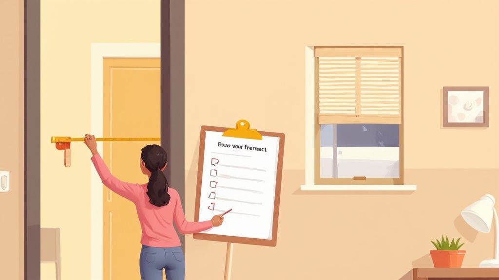 A woman measures a doorway with a tape measure, checking a nearby clipboard with a list.