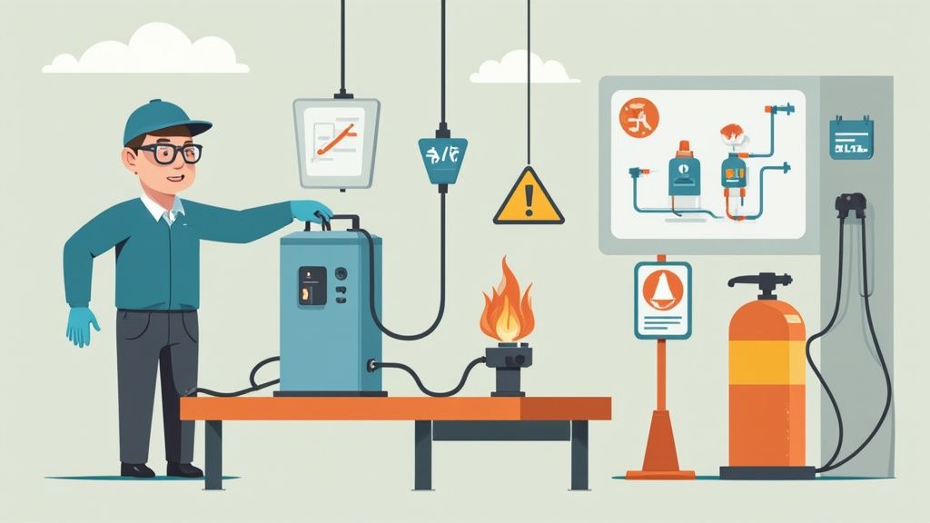 Man in gloves operating equipment with a flame and safety warnings in an industrial setting.