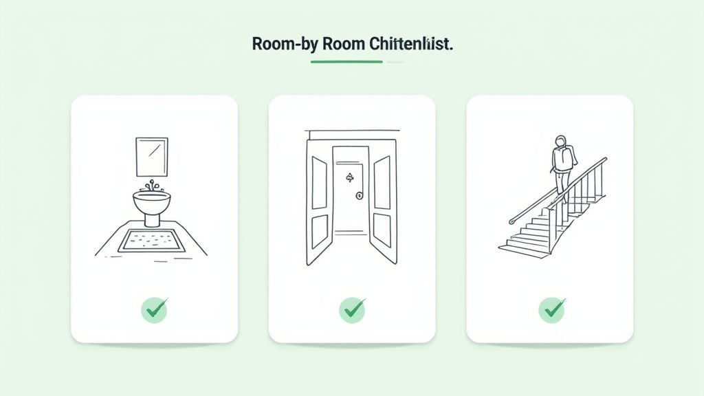 Three illustrated cards showing a bathroom sink, an open door, and a person walking up stairs, each with a green checkmark.