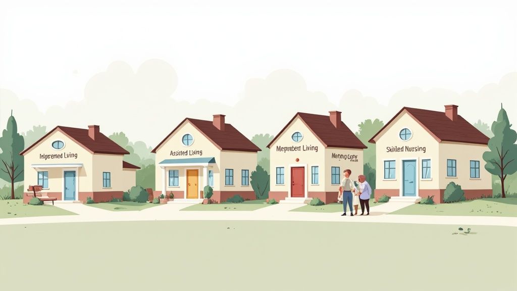 Illustration showing progression of senior housing options from independent living to skilled nursing facilities