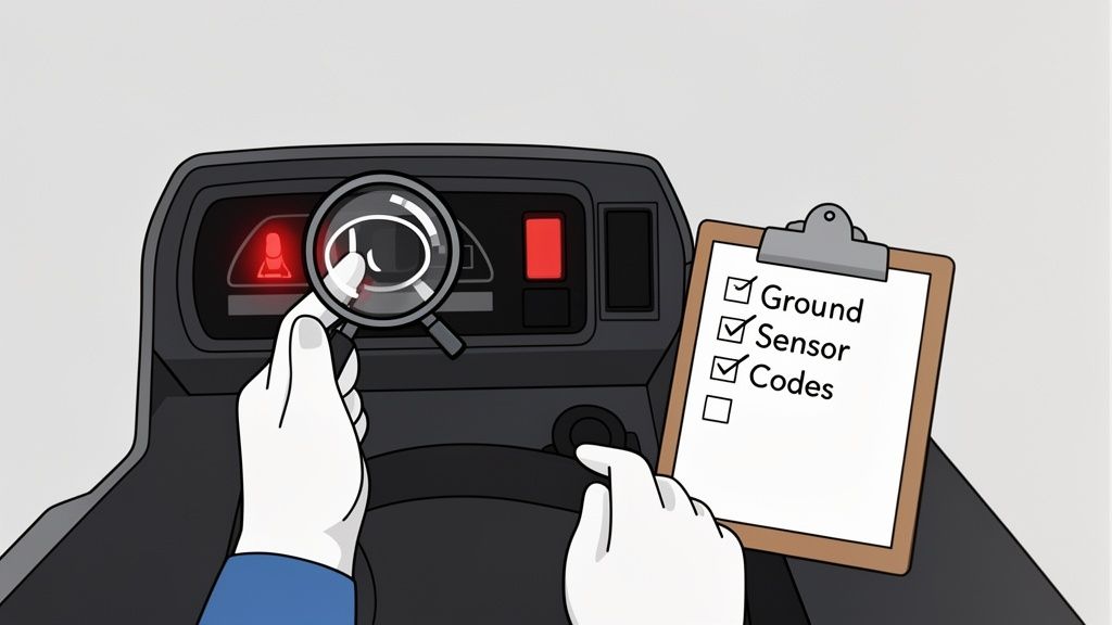 Hands using a magnifying glass to inspect a red warning light on a vehicle dashboard next to a diagnostic checklist.