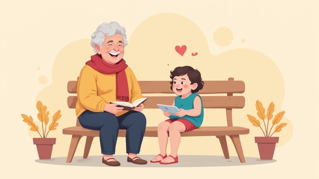 A smiling grandmother and grandchild sit on a bench, reading books and using a tablet, showing intergenerational bonding.