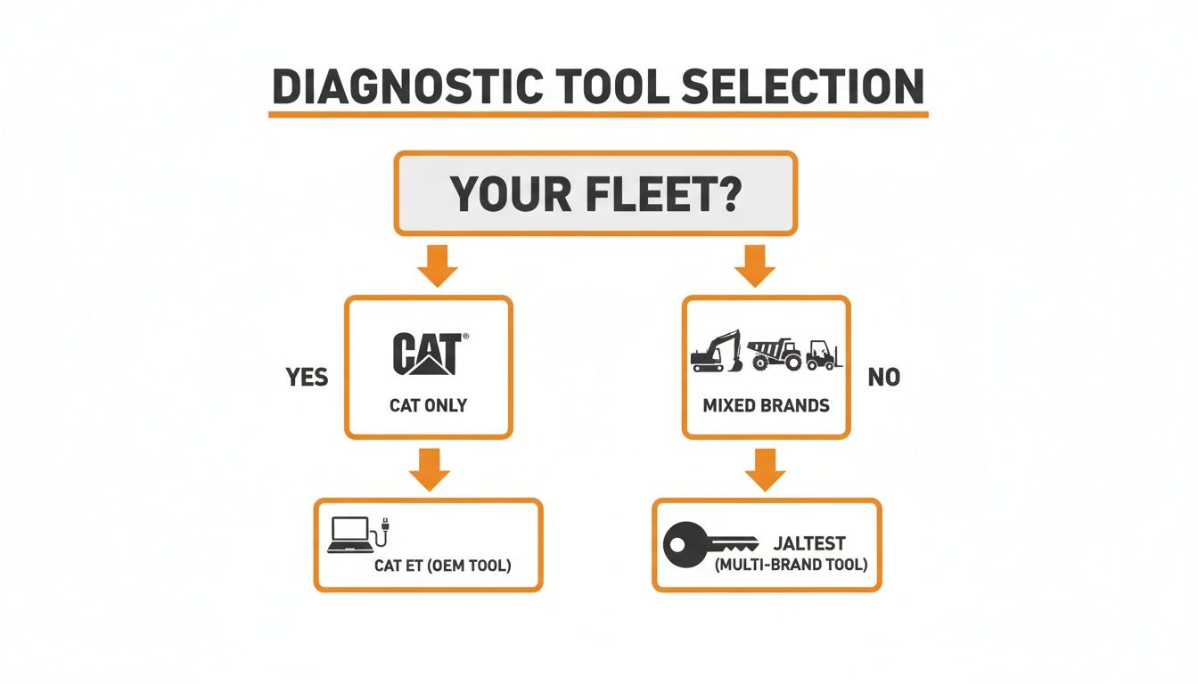 Flowchart for diagnostic tool selection: CAT ET for CAT-only fleets, Jaltest for mixed brands.