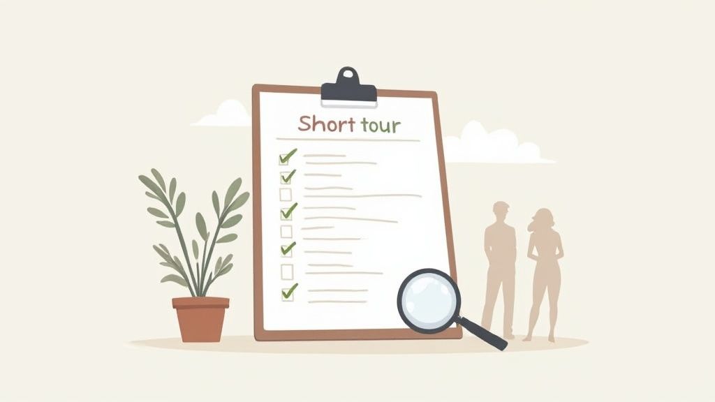 A clipboard with a 'Short tour' checklist, some items checked, next to a plant, magnifying glass, and two people silhouettes.