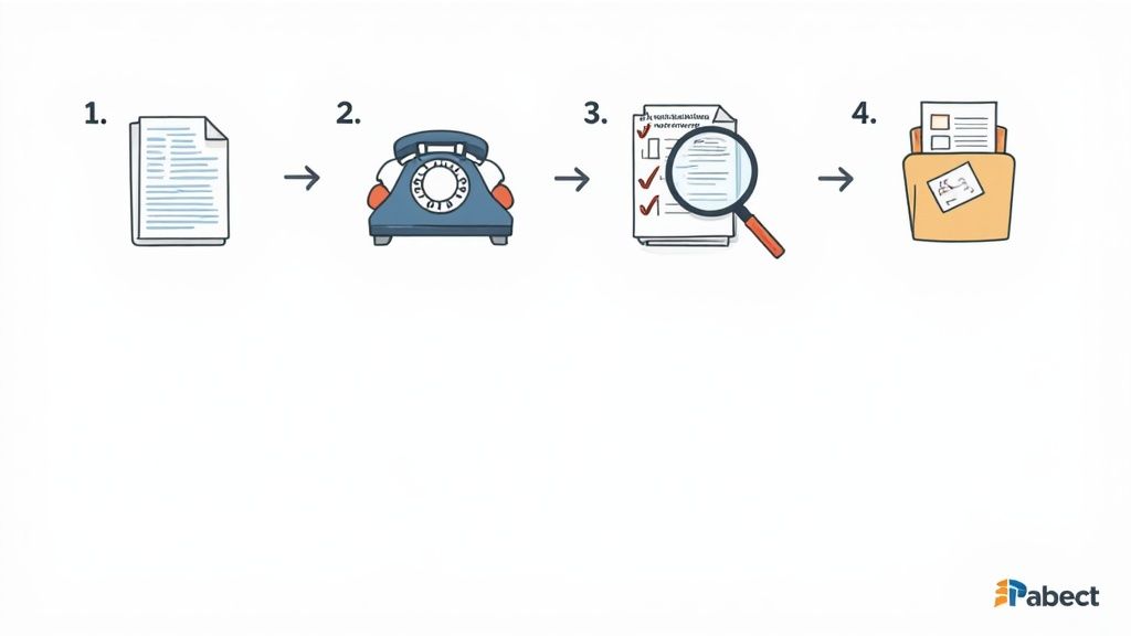 Illustration of a four-step process: paper, phone call, review with magnifying glass, and filing.